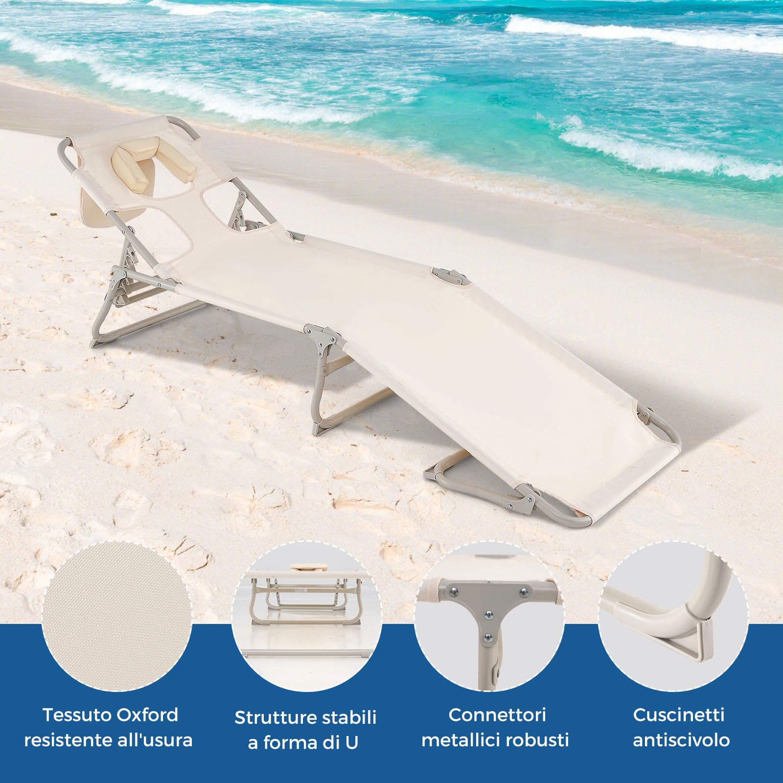 COSTWAY Lettino Prendisole da Spiaggia, Sdraio da Mare Pieghevole Leggero con Fori per Viso e Braccia, Schienale e Poggiapiedi Regolabili, per Esterno e Campeggio, Portata 200 kg, Beige