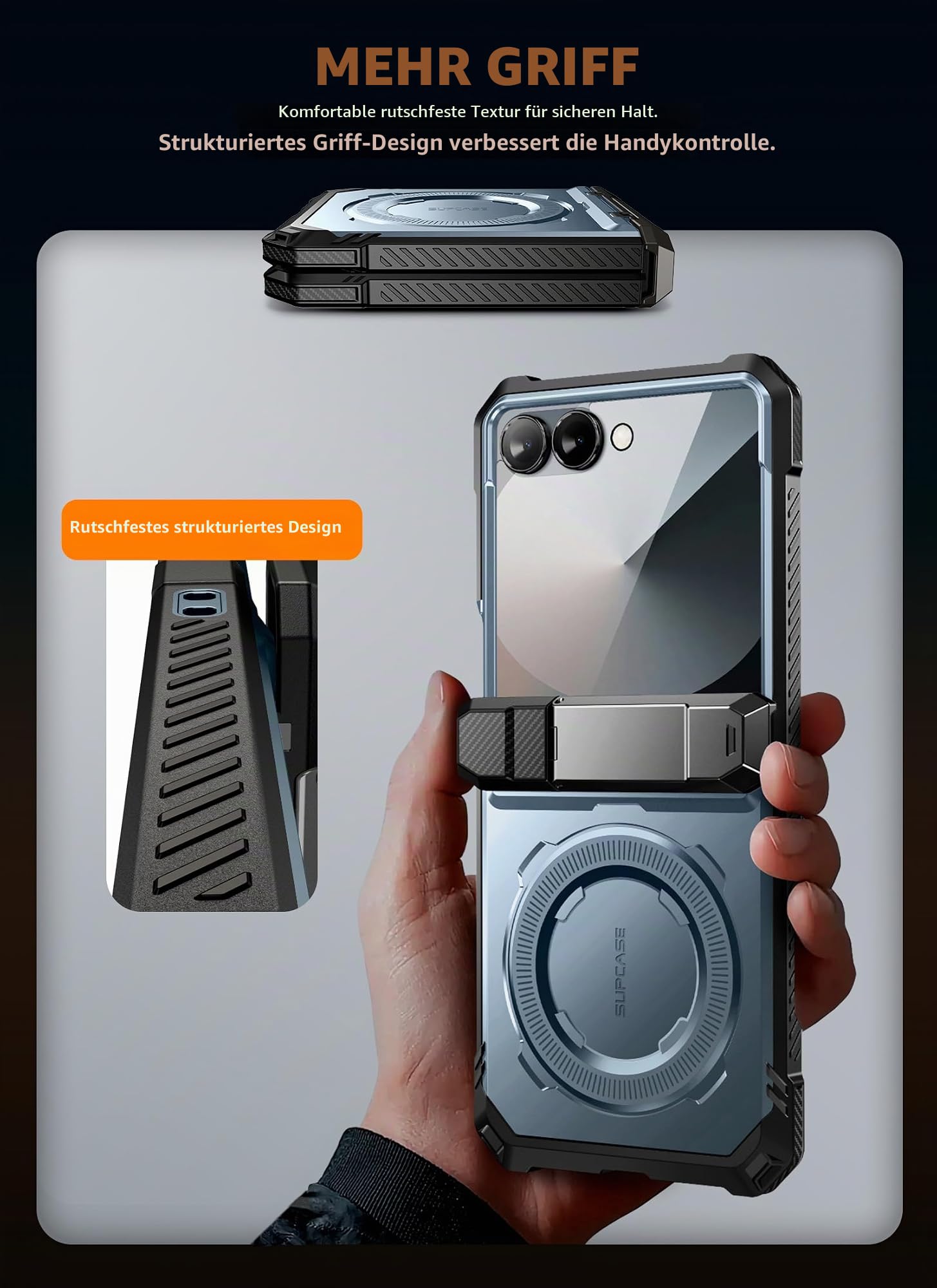 SUPCASE für Samsung Galaxy Z Flip 7 Hülle mit Ständer und Displayschutz (UB Grip), [Unterstützt MagSafe] [Scharnierschutz] Militärisch Schutzhülle Durchsichtig Handyhülle Bumper Case Cover (Blau) | Unterstützt MagSafe (UB Grip) Scharnierschutz Militärisch