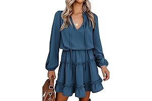 Women's Casual Long Sleeve Tie V Neck Dress