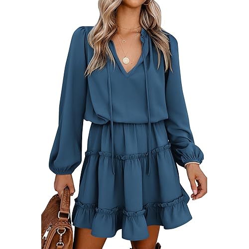 BTFBM Women Casual Summer Spring Dresses 2025 Tie Neck Long Sleeve High Waist Tiered Ruffle Aline Swing Tunic Mini Dress