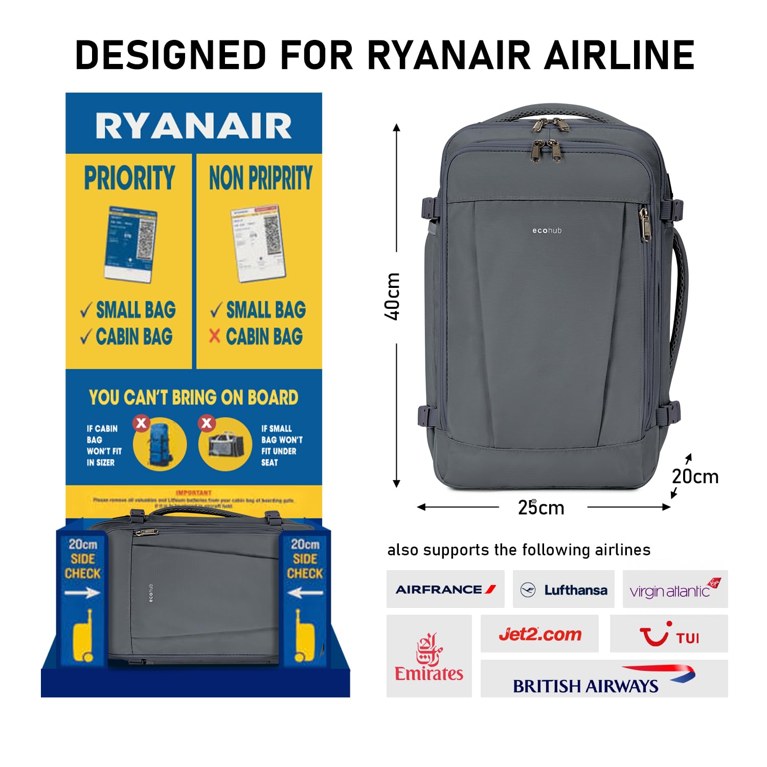 ECOHUB Zaino Ryanair 40x20x25, Da Viaggio 20L Con 13 Tasche, Bagaglio a Mano, Borsa Da Cabina per Voli, Donna Uomo in PET Riciclato per Trekking e Lavoro, Grigio