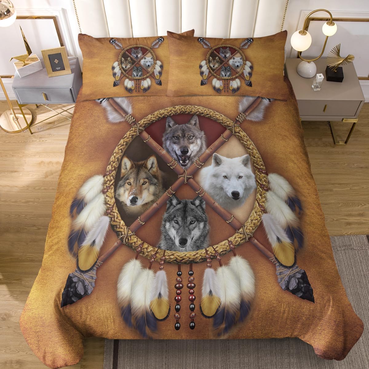 Sleepwish 4 Wolves Dreamcatcher Bedding Golden Brown Duvet Cover Vintage Feather Bedding Cover Set (Queen)