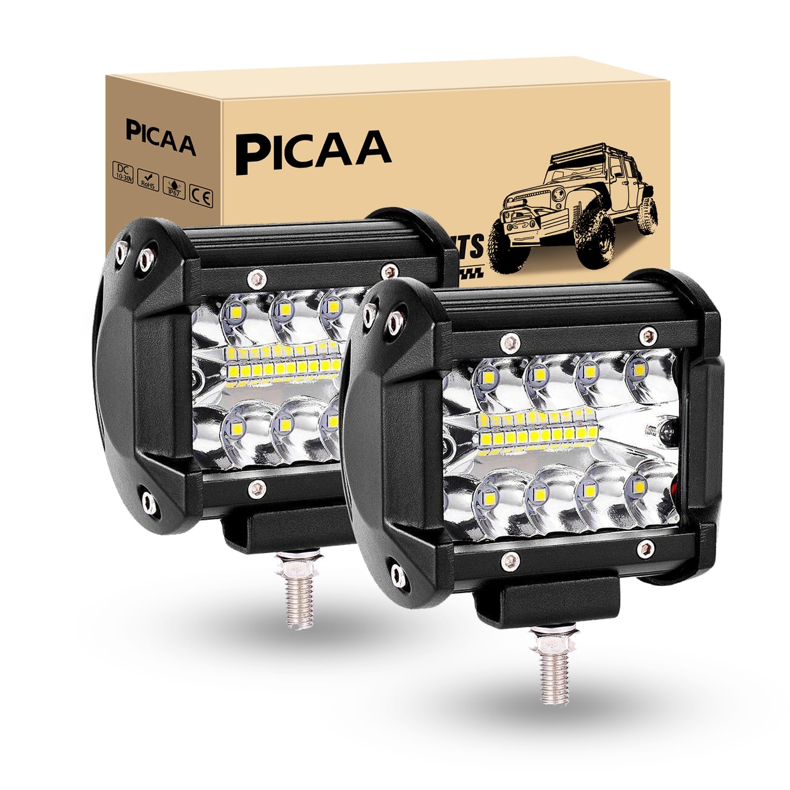 PICAA listwa oświetleniowa 8D, Triphile LED, 10,2 cm, 60 W, oświetlenie robocze do samochodów, samochodów terenowych, SUV-ów, UTE 4WD, 12 V, 24 V, wodoszczelność