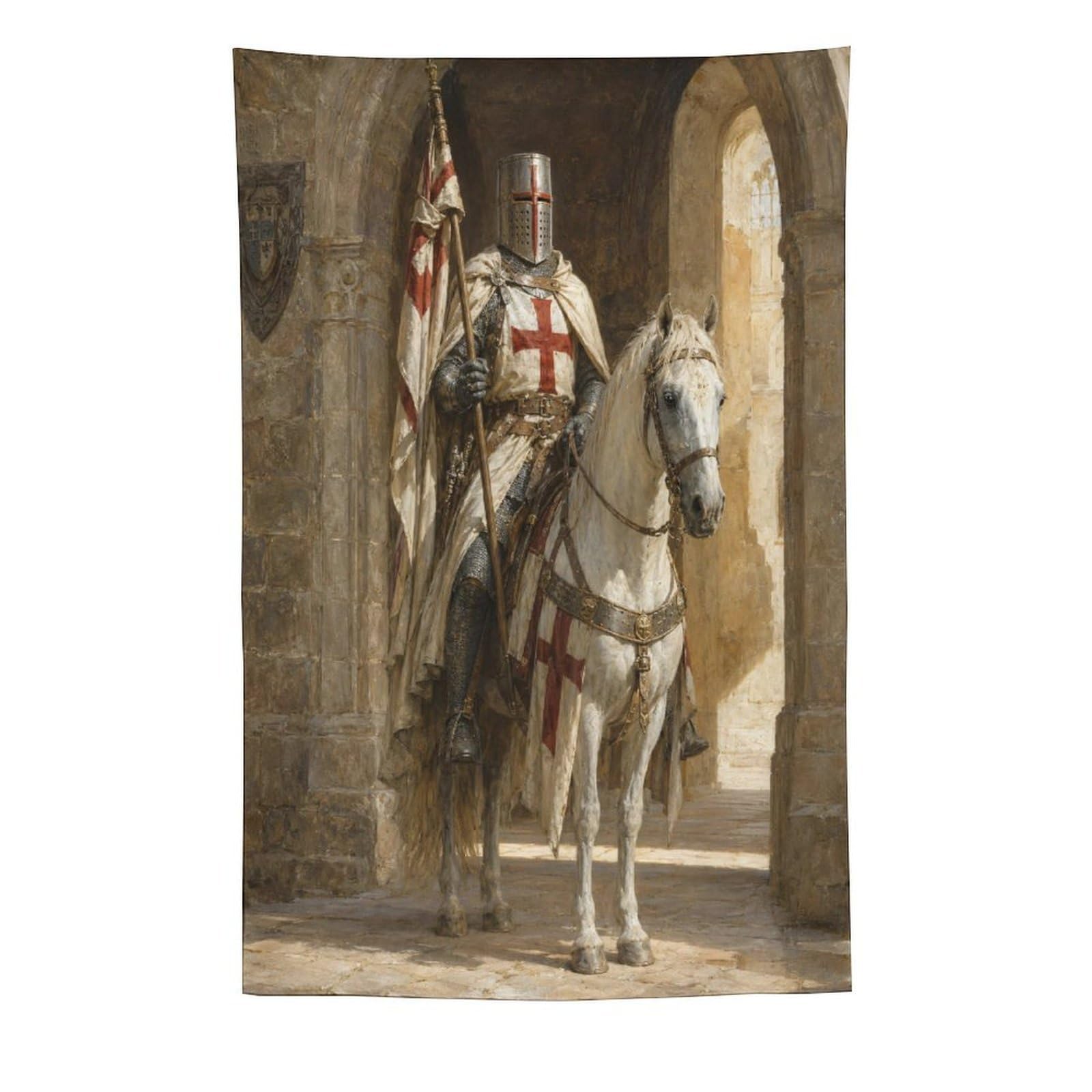 W7C8U2X3 Crusader Knight Wall Tapestry, Medieval Illustration, Backdrop