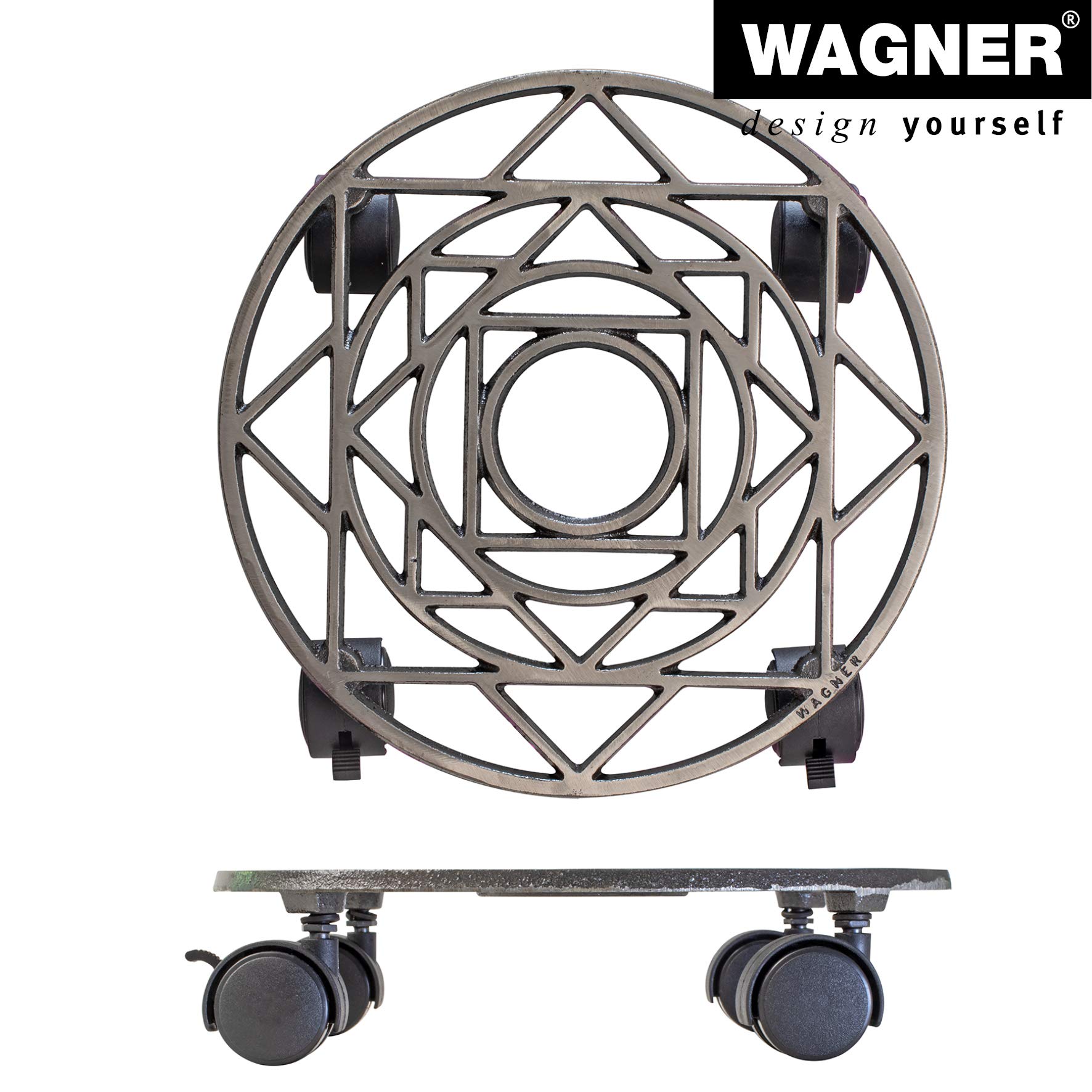 WAGNER Support à roulettes pour Pot de Fleur ÉTOILE Ø 29 x 6,5 cm I pour l'intérieur + l'extérieur I Roule Pot en Fonte, Couleur Nickel I 2 Freins I Capacité de Charge 50 kg - 20092101