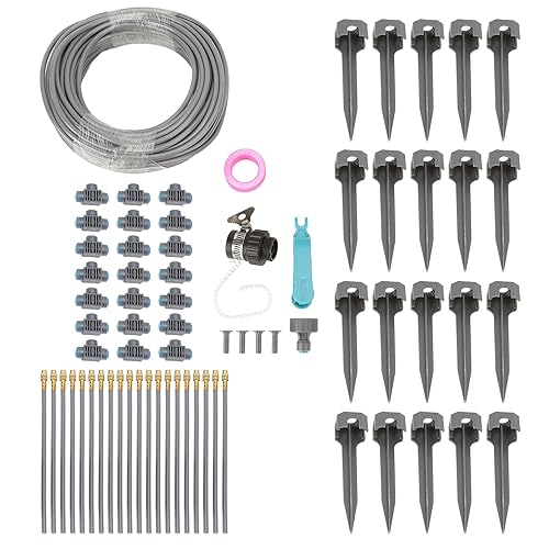 Peoyoo - Sistema de riego de jardín de 82 pies con boquilla giratoria de nebulización y manguera de tubo de PVC para césped, jardín, patio,