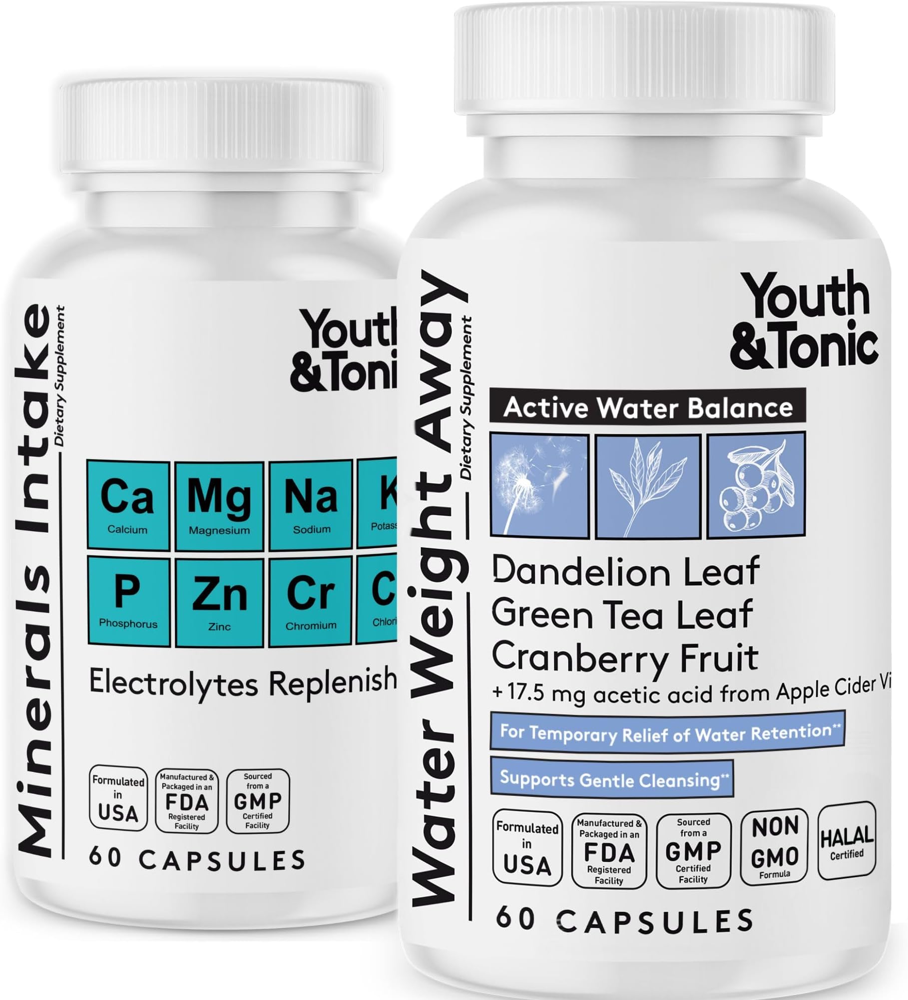 Youth & Tonic Water Pills for Water Retention – Flush & Shed Excess Fluids for Bloat Relief & Puffiness – Swelling Support for Legs & Feet – Diuretic 2 Pack with Electrolytes – 120 Capsules