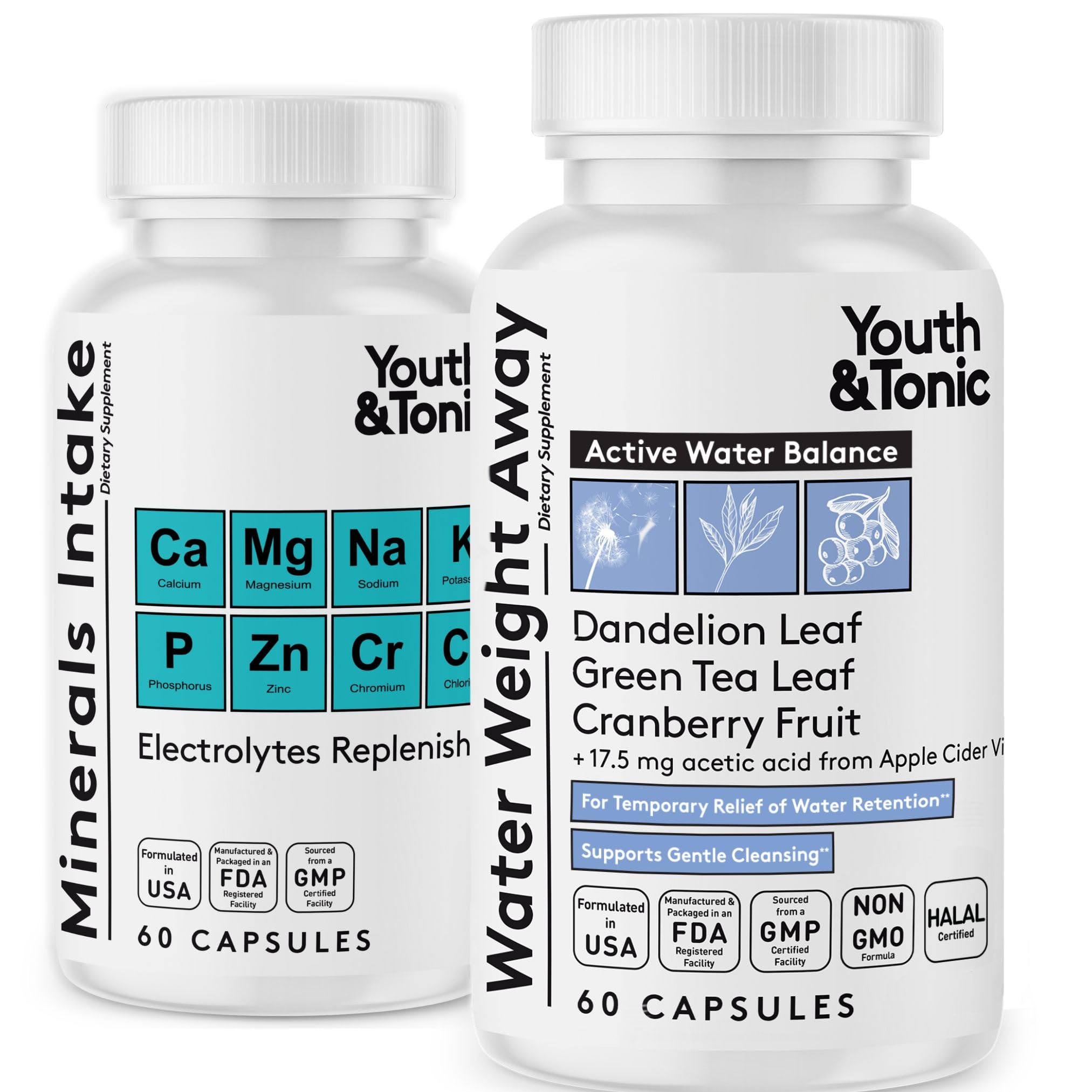 Youth & Tonic Water Weight Away Pills – Debloating & Water Retention Support for Belly Bloating, Natural Diuretic for Women & Men + Minerals Intake Electrolytes for Fluid Balance, 120 Capsules