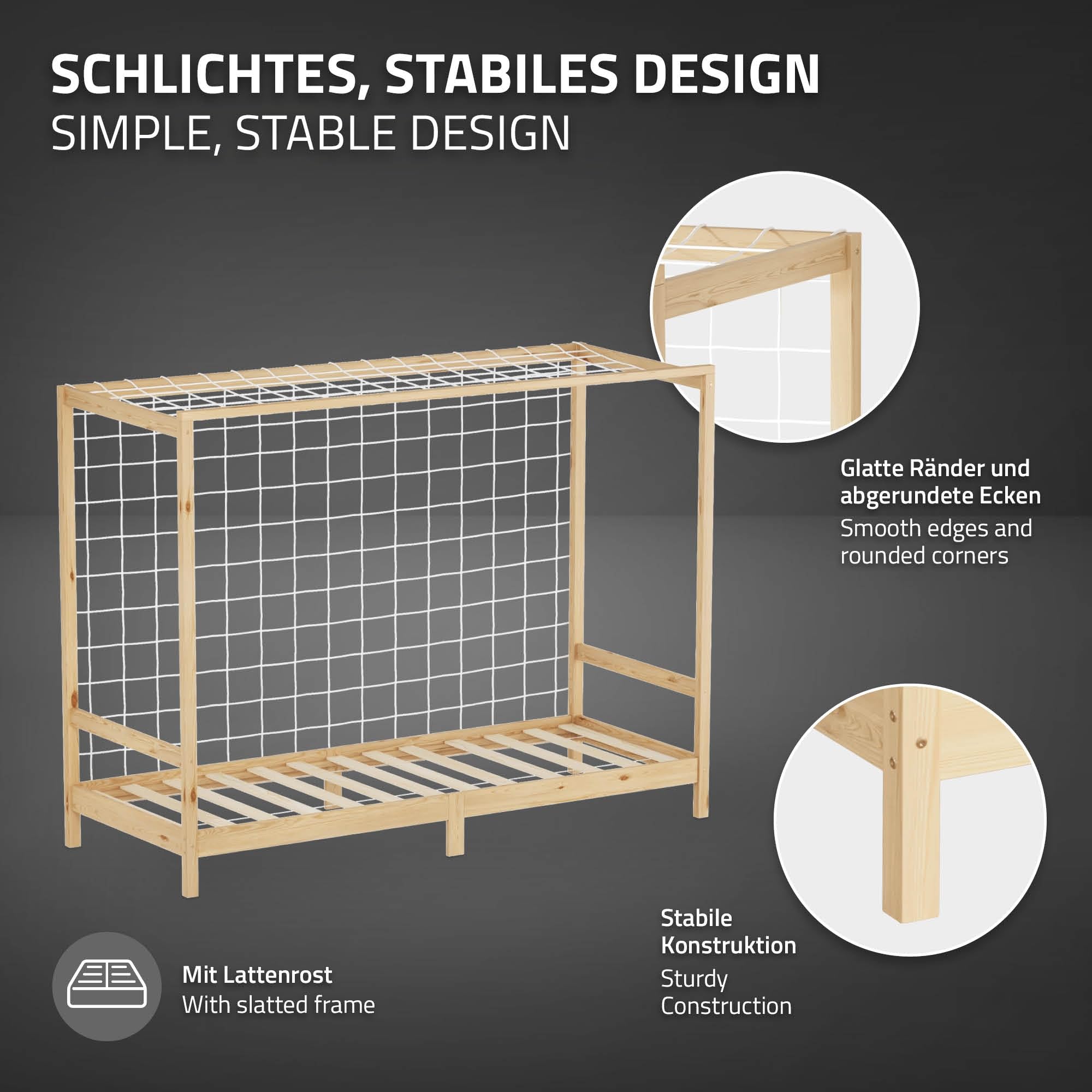 ML-Design Kinderbett Fußballtor 90 x 200 cm, Natur, Einzelbett für Kinder, Holzbett mit Lattenrost und Tornetz, Jugendbett aus Kiefernholz, Bettgestell Holzrahmen Spielbett Fußballbett-Tor Handballtor