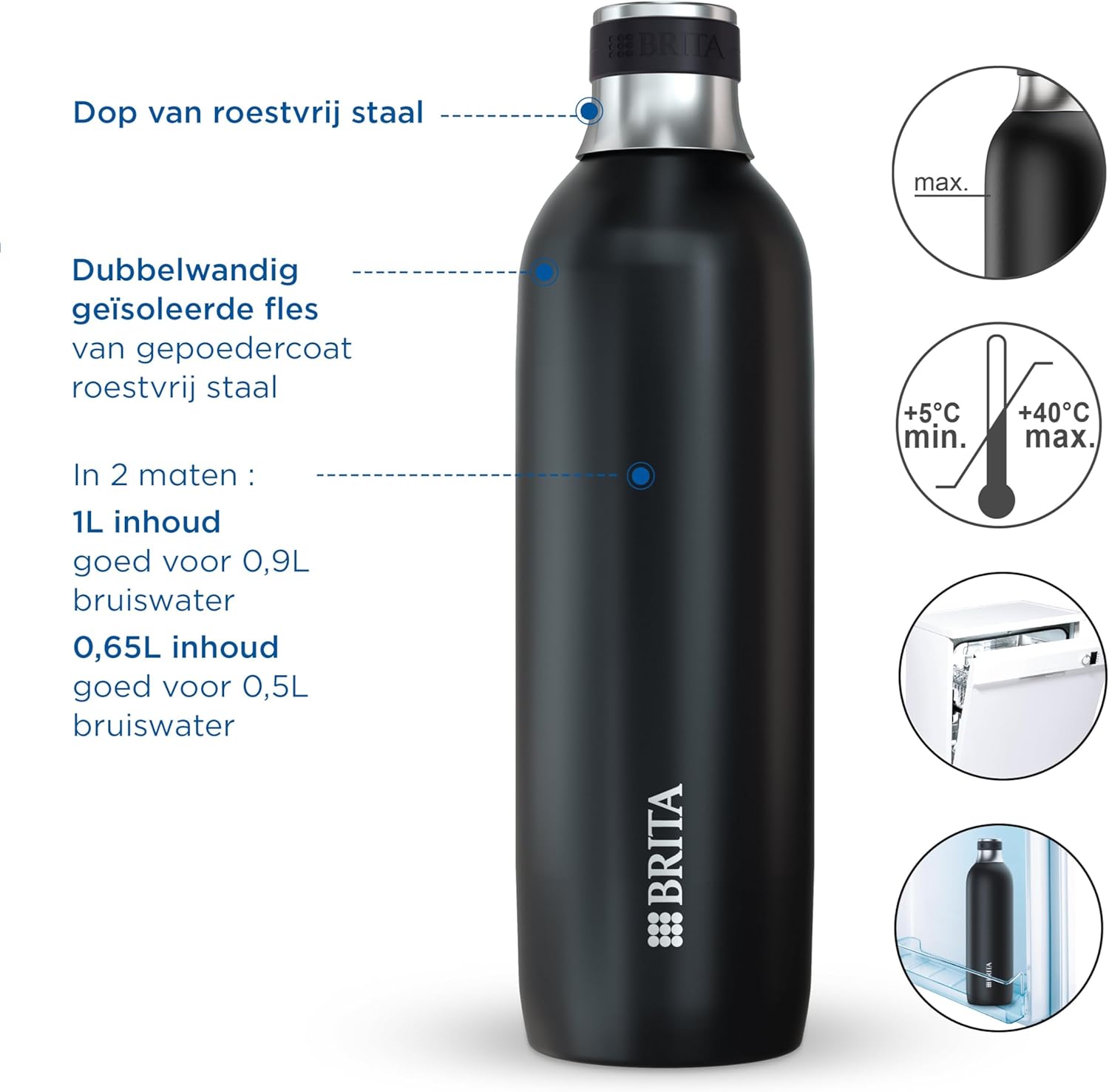 BRITA Stainless Steel Bottle Black for SodaTRIO Water Carbonator [0.65 L] - Insulated & Double-Walled Premium Stainless Steel Bottle with Stylish Silicone Ring on the Cap for Non-Slip Handling, Small