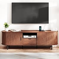 ComfyCorner 69" Mid-Century Walnut TV Stand for 80" TVs - Fluted Entertainment Center with Power Outlet, Sliding Doors & Adjustable Storage Shelves