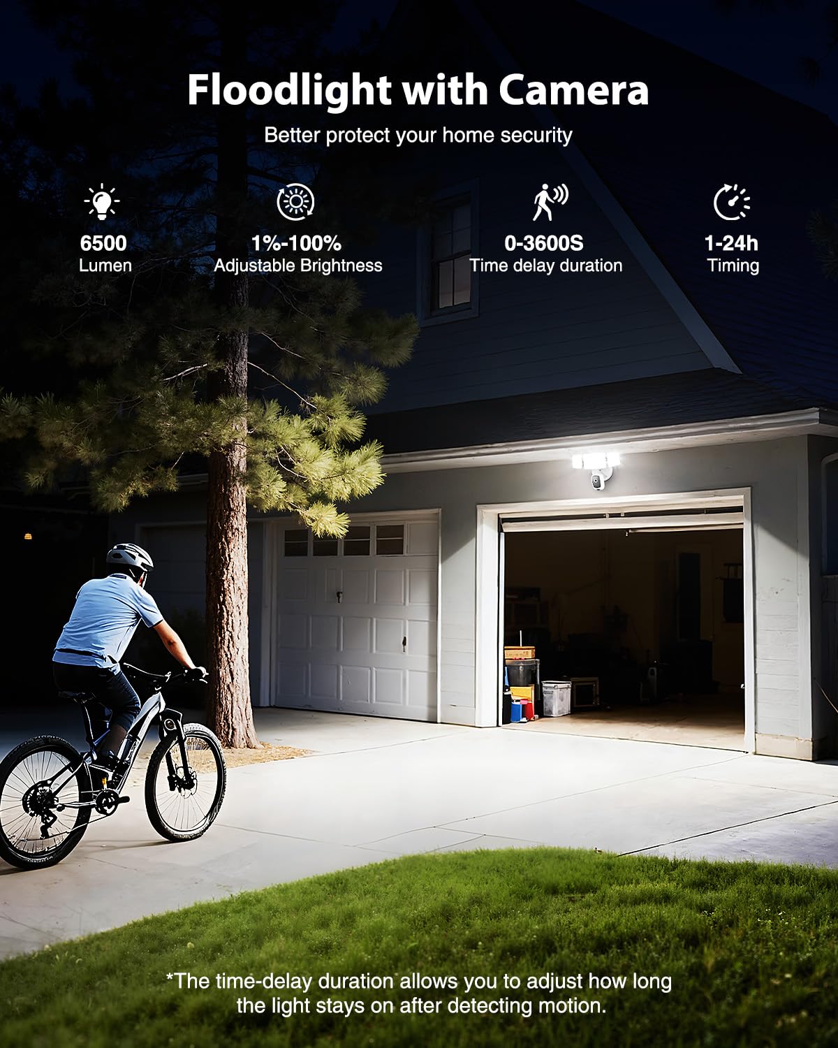 Telecamera proiettore 6500LM cablata, telecamera di sicurezza HD 2K per esterni con attivazione del movimento, visione notturna a colori, registrazione 24/7, audio a 2 vie, WiFi 2.4G, sirena