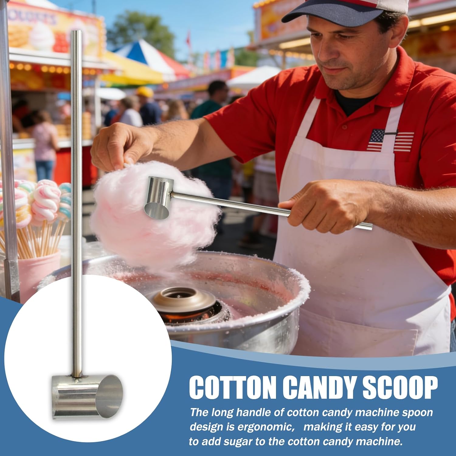 Cotton Candy Scoop, Long Handle Large Caliber Marshmallow Machine Spoon, Stainless Steel Sugar Spoon for Cotton Candy Floss Machine Spare Parts