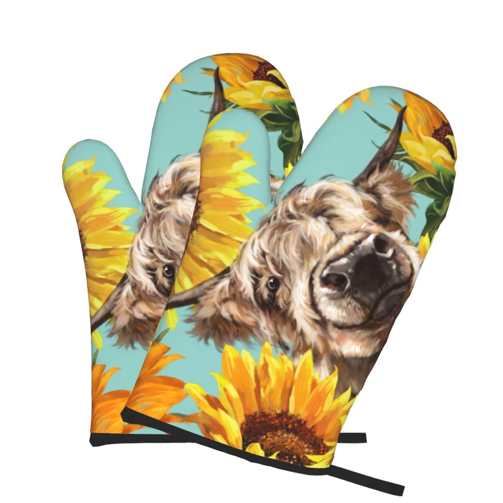 Oven Mitts Set of 2 Pcs, Cow with Sunflowers in Blue Prints Heat Resistant Kitchen Gloves for Cooking Baking Grilling