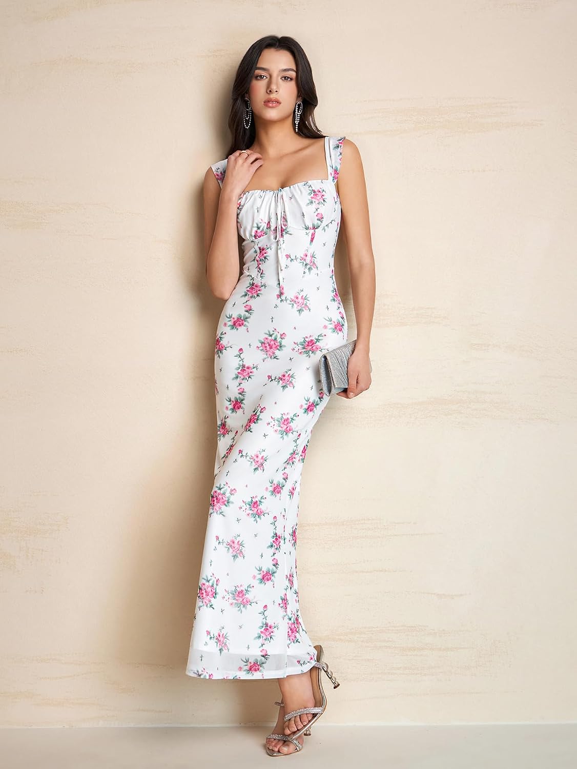 Colysmo Off Shoulder Floral Maxi Elegant Wedding Guest Dresses for Women | Stretchy Mesh Bodycon Dress, Lace-Up Front, 3 Waist Trim Strips, Long Formal, Cocktail, Baby Shower, Evening