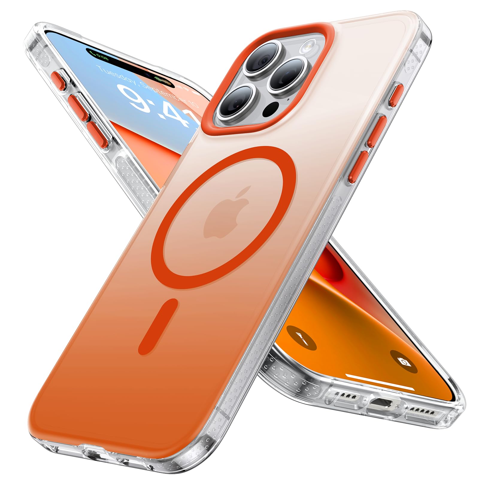 Strong Magnetic for iPhone 15 Pro Max Case Bumper, [Compatible with MagSafe] [Military-Grade Drop Tested]Shockproof Protective Translucent Cover for iPhone 15 Pro Max Phone Case, GradientOrange