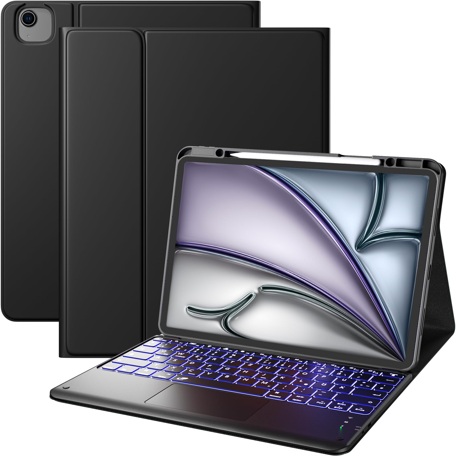 Vobafe Hülle mit Tastatur für iPad Air 13 Zoll M4 M3 M2 (2026/2025/2024), iPad Pro 12.9 (3. 4. 5. 6. Gen), QWERTZ Keyboard Multi-Touch Trackpad 7 Farben Beleuchtung, mit Stifthalter, Schwarz