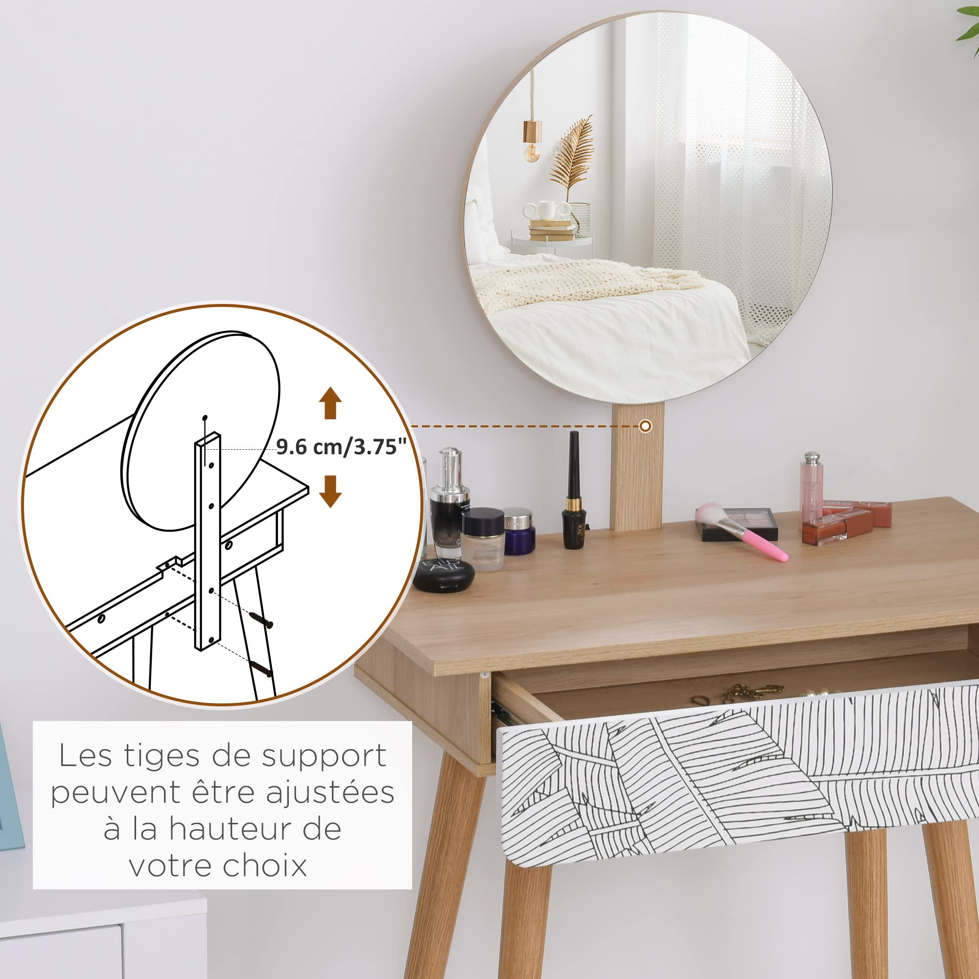 HOMCOM Coiffeuse Table de Maquillage Design scandinave tiroir et Grand Miroir dim. 70 x 39 x 119-128 cm