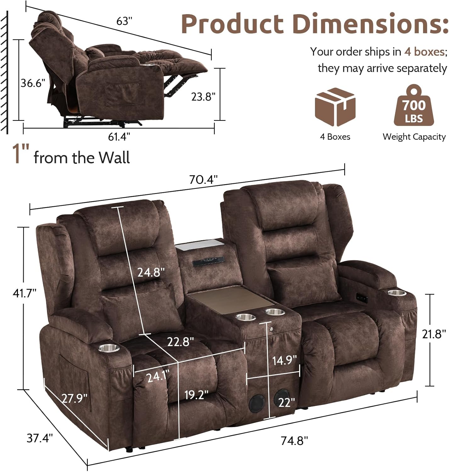 SAMERY Loveseat Recliner Sofa, Power Reclining Loveseat Sofa, Wall Hugger Recliners RV Couch with Console, Lift-Top Table, Rhythm & Ambient LED Lights, USB-C, Outlets, Velvet, Chestnut | Extra Wide Seat, Plush Padding, Dual Power Recline, Lift-Up Table, Ample Storage, 1" Wall Hugger