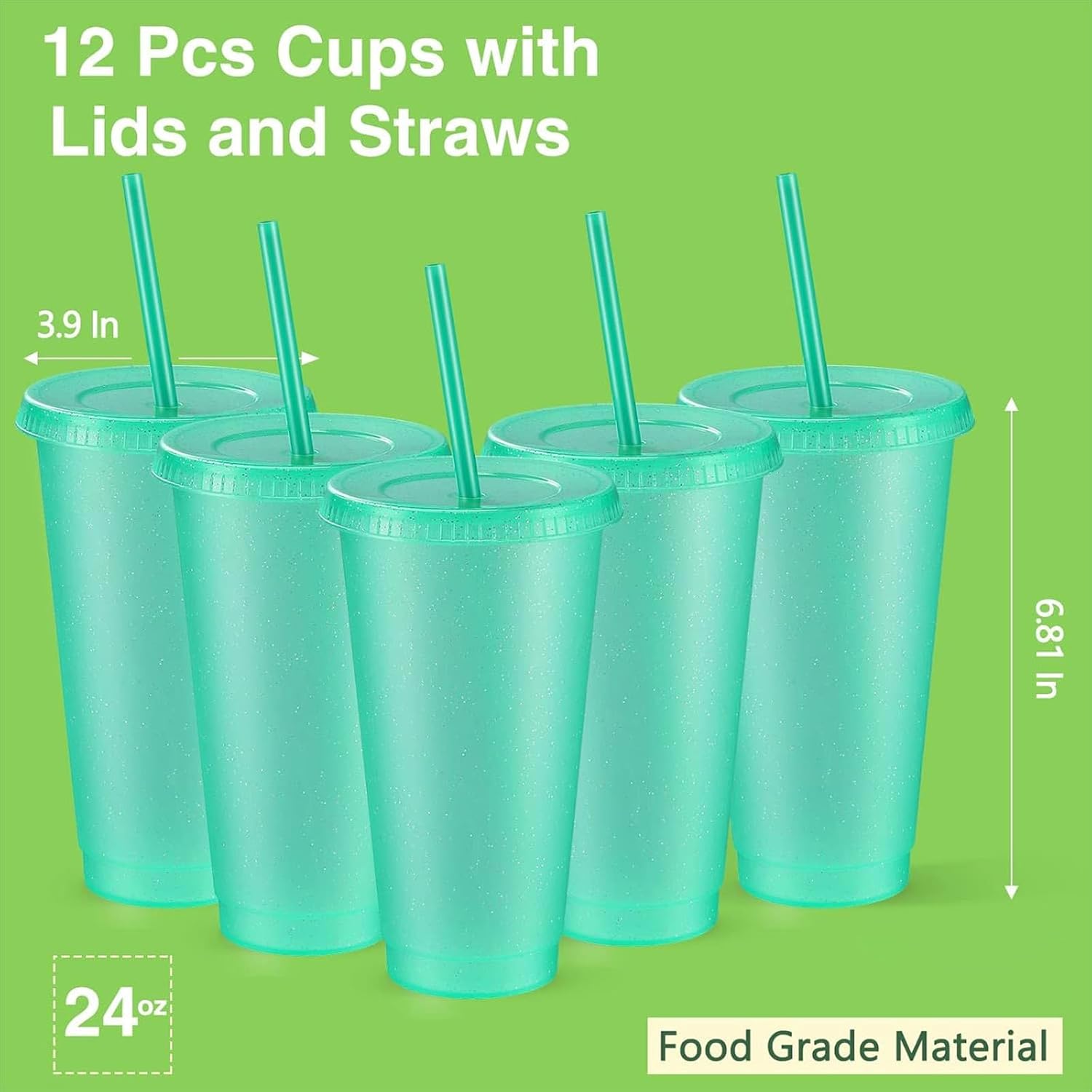 Amyhill 12 Pcs Reusable Glitter Cups with Lids and Straws 24 oz Plastic Tumbler Iced Coffee Cup Travel Mug for Smoothie Juice Birthday Sleepover Party Supplies for Valentine Girl(Light Green) - Image 2