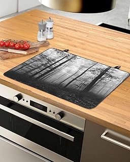 Grey Forest Stove Top Covers for Electric Stove, Decorative Gas Stovetop Cover Heatresistant Glass Cooktop Protector Vintage Foggy Woods Tree Dish Drying Mat for Kitchen Counter 24"x21"