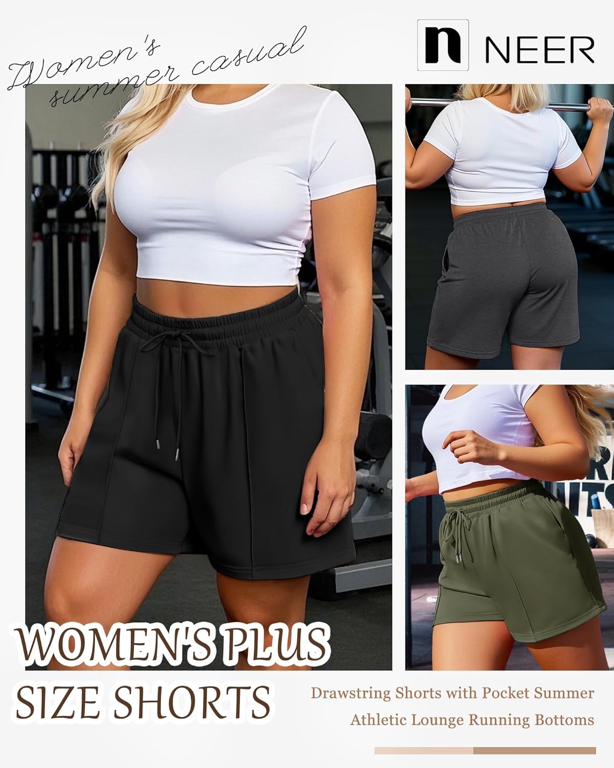 Neer 3 Pack Women's Plus Size Sweat Shorts, Drawstring Shorts with Pocket Summer Athletic Lounge Running Bottoms - Image 3