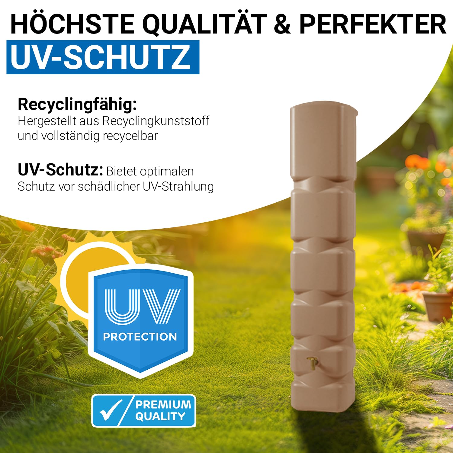 4rain Basic Regentonne Set 300 Liter Taupe Wassertonne | mit Kunststoff-Auslaufhahn Fallrohranschluss Regenwassertank Wassertank für Garten Regenfass Regenwassertonne Wasserbehälter