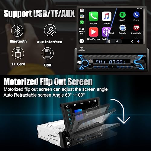 Miniatura 3 de Estéreo de automóvil de un solo DIN compatible con Apple Carplay y Android Auto, pantalla táctil plegable HD motorizada de 7 pulgadas, cámara de