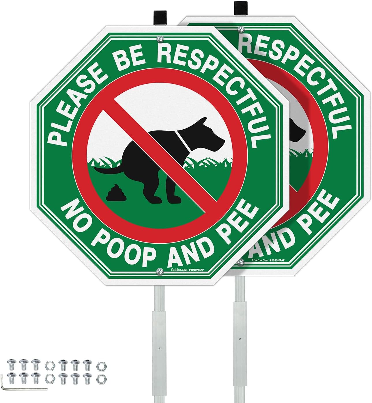 Faittoo No Peeing No Pooping Dog Sign with 42" Stake for yard, 2-Pack 10"x10" Rust Free Heavy Aluminum, Reflective, Fade Resistant, 2 Pre-drilled Holes, Includes Matching Screws & Wrench