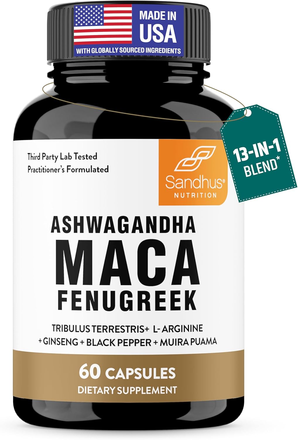 Sandhu's Maca Root, Fenugreek with Ashwagandha L-Arginine, Ginseng and Muira Puama | Herbal Supplement for Men & Women | 60 Capsules (Pack of 1)