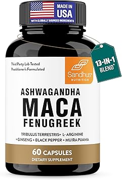 Sandhus Maca Root, Fenugreek with Ashwagandha L-Arginine, Ginseng and Muira Puama | Herbal Supplement for Men & Women | 60 Capsules Pack of 1