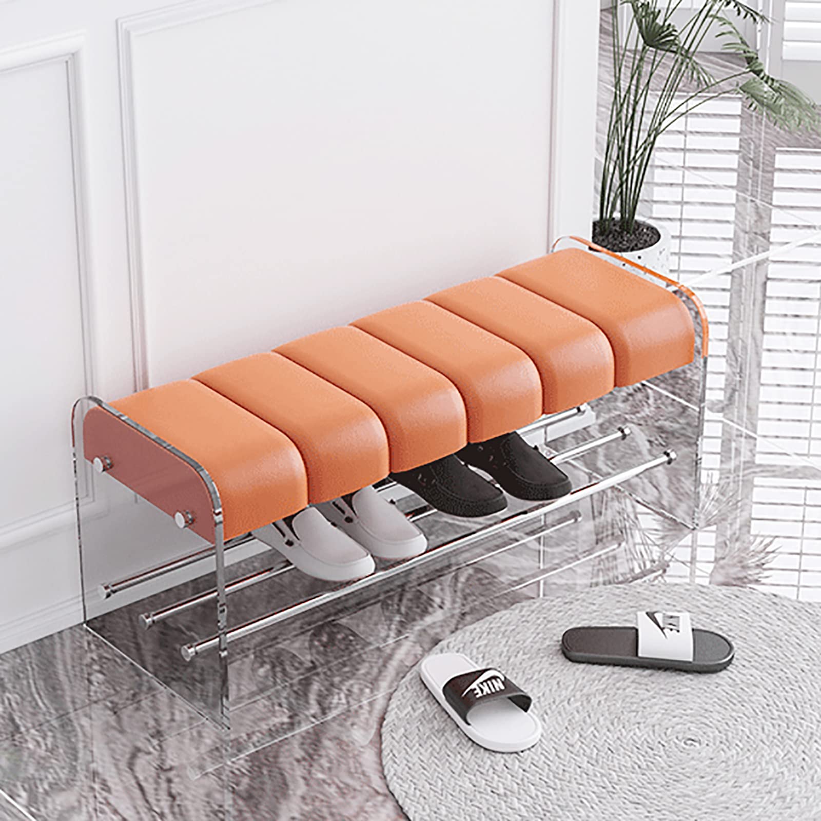 Banc de rangement à chaussures en acrylique transparent et cuir orange