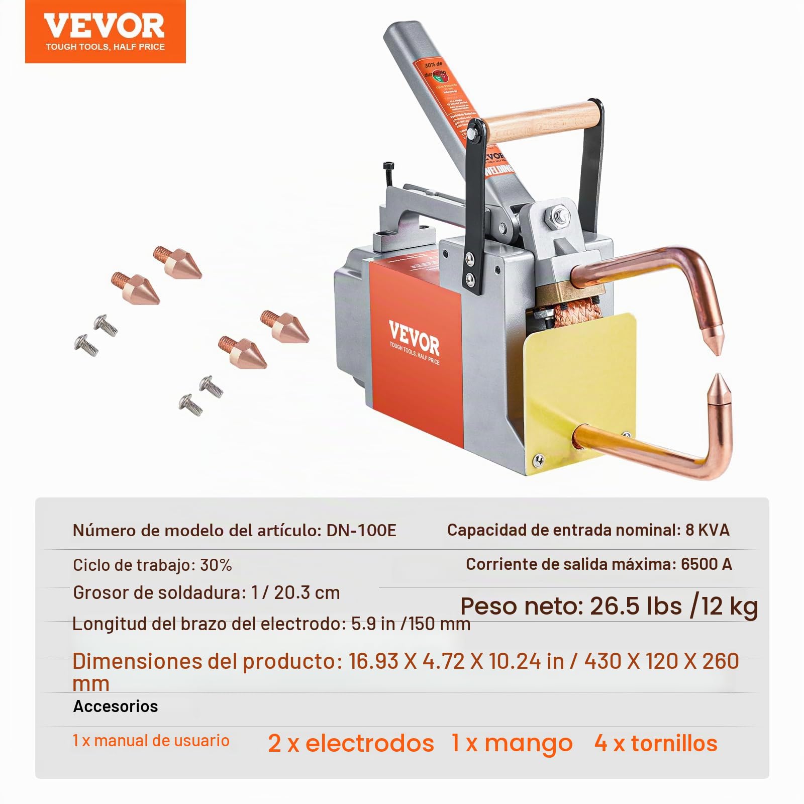 VEVOR Soldadora por puntos portátil, 1/8" de espesor, máquina de soldadura por puntos, capacidad de entrada de 8 kVA, máquina de soldadura por puntos para láminas de acero al carbono, acero inoxidable
