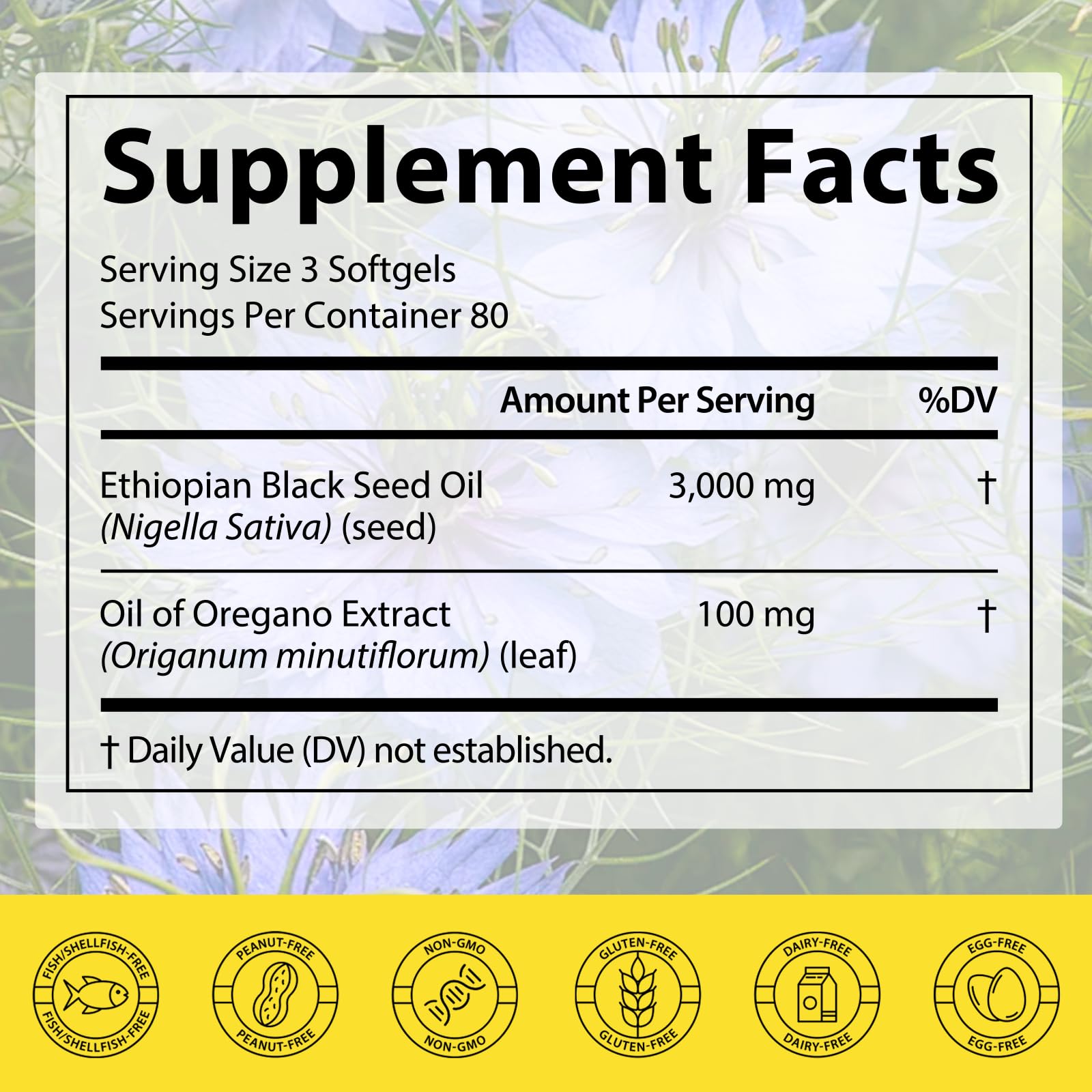 Black Seed Oil 3000mg with Oregano Leaf Extract 100mg - Cold Pressed Nigella Sativa Softgels - Non-GMO & Gluten Free Dietary Supplement, 240 Count — Amazon image 8