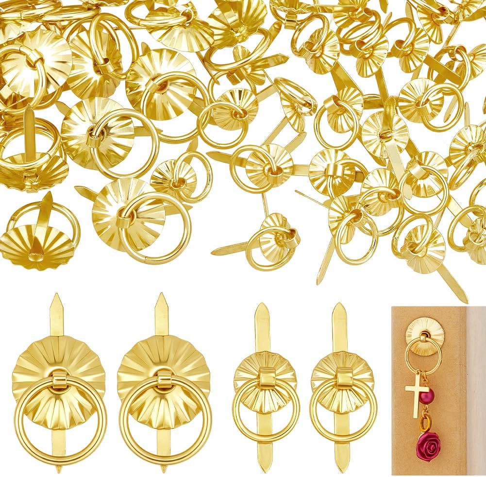 PH PandaHall 120pcs 2 Styles Golden Brad Fasteners with Pull Rings, Metal Pull Ring Handle Jewelry Drawer Mini Brad Paper Fasteners Handles for Journal Paperback Book Albums Scrapbooks Jewelry Box