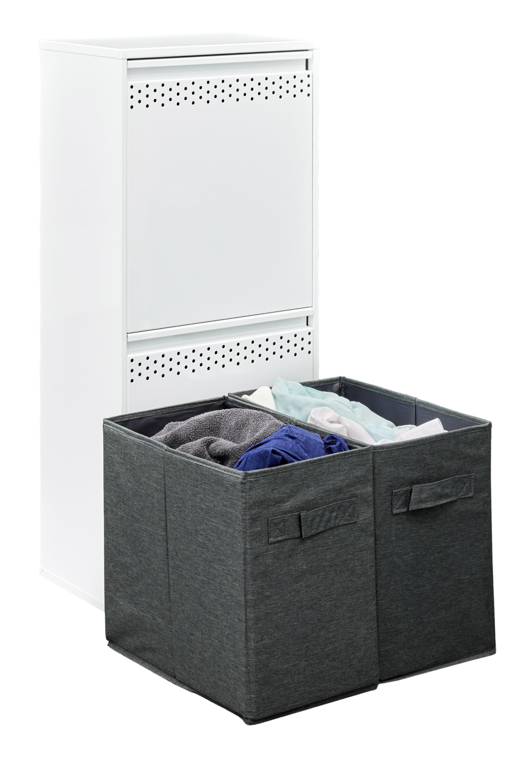 ARREGUI CR401-RP Cesto Ropa Sucia Doble | Mueble para la Colada de 2 Compartimentos con Cestos de Tela para Clasificar la Ropa Sucia | Acero | 90,2 x 40,2 x 24,4 cm | blanco