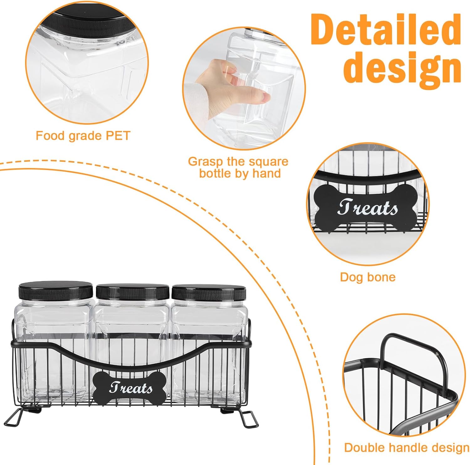 68 oz Dog Treat Container,Dog Food Storage Container with Wire Frame,Dog Treat Jar 3 Piece Set,Airtight Dog Treats Bin,Cat Dog Biscuit Dispenser,Cat Treat Jar for Kitchen Counter