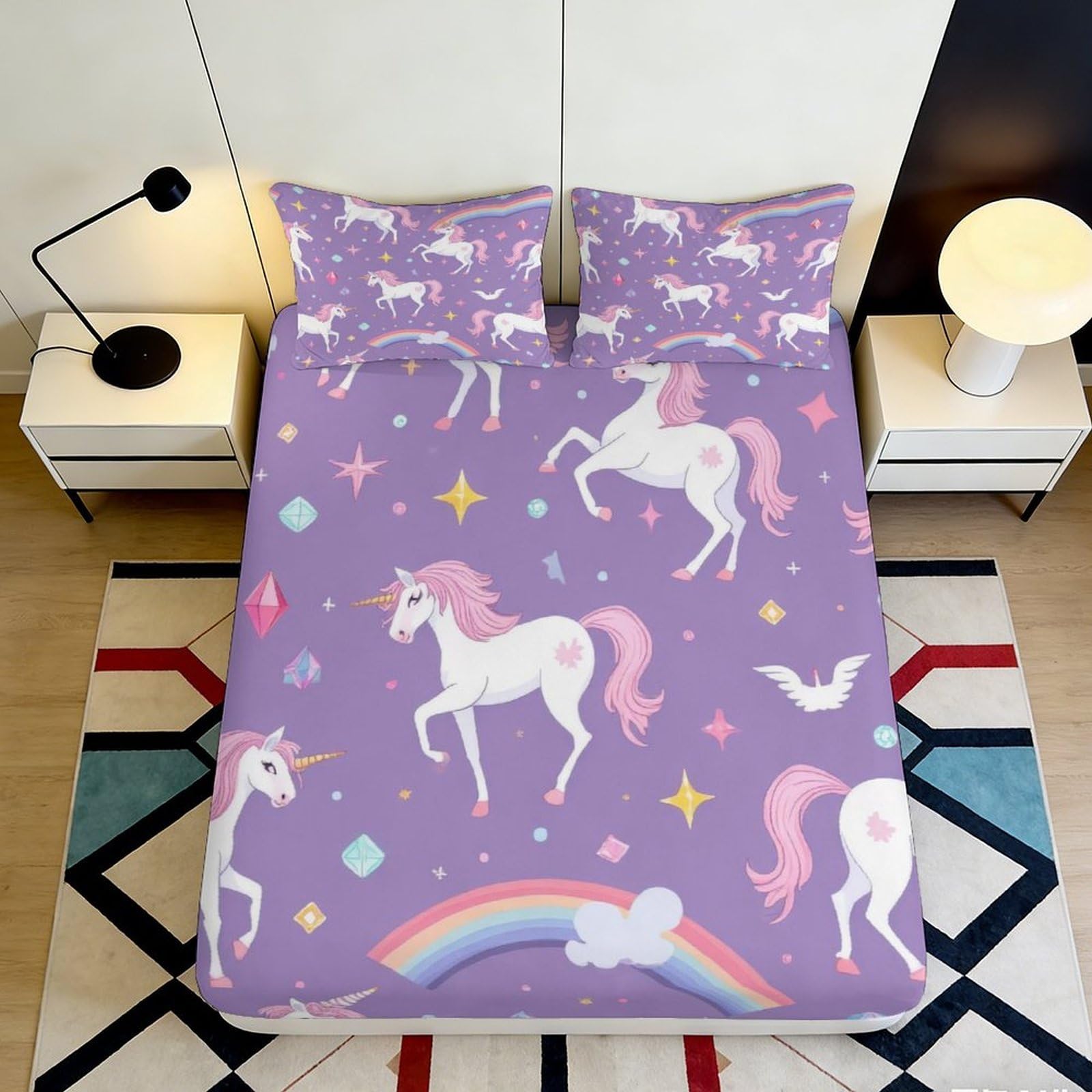 3D Printed Unicorn Fantasy Fitted Sheet Microfiber Soft Breathable Rainbow Dream Bed Cover for Bedroom Dorm Mattress Protection Decor 120x200x25cm