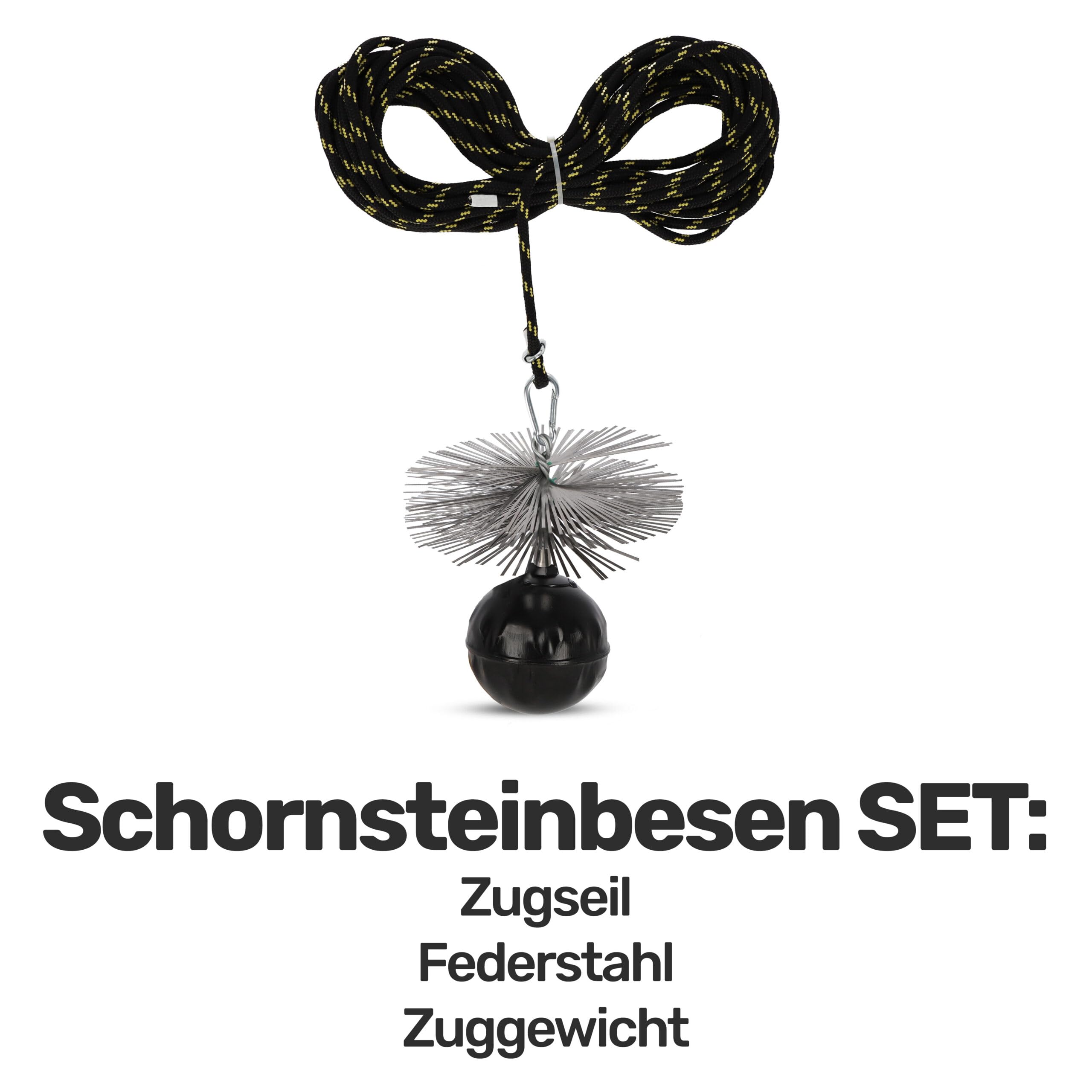 Schornsteinbesen Federstahl | Zuggewicht 1,9kg | Besengröße 200mm | Zugseil Länge 8m | Reinigungsset für effiziente Schornsteinpflege