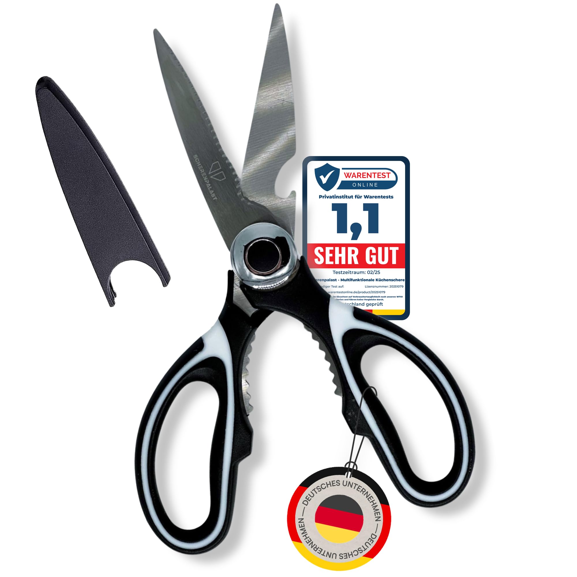 Küchenschere Edelstahl vom Scherenpalast, Geflügelschere, Mehrzweck Haushaltsschere, Stoffschere, Schere mit Schutzhülle für Geflügel, Knochen, Fisch, Kräuter & Gemüse, Dosenschneider, Nussknacker