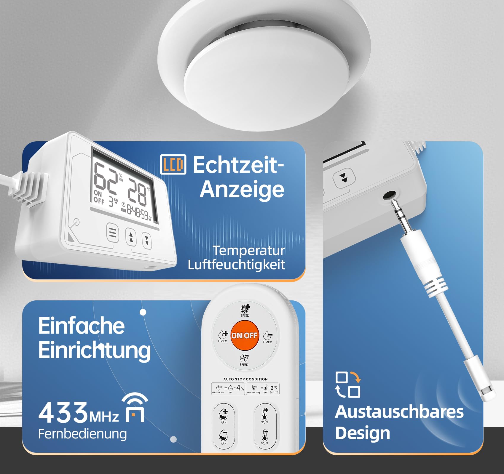 Badlüfter mit Feuchtigkeitssensor 100mm Fernbedienung Echtzeit Display 3 Stufen Timer leise Abluftventilator RU109