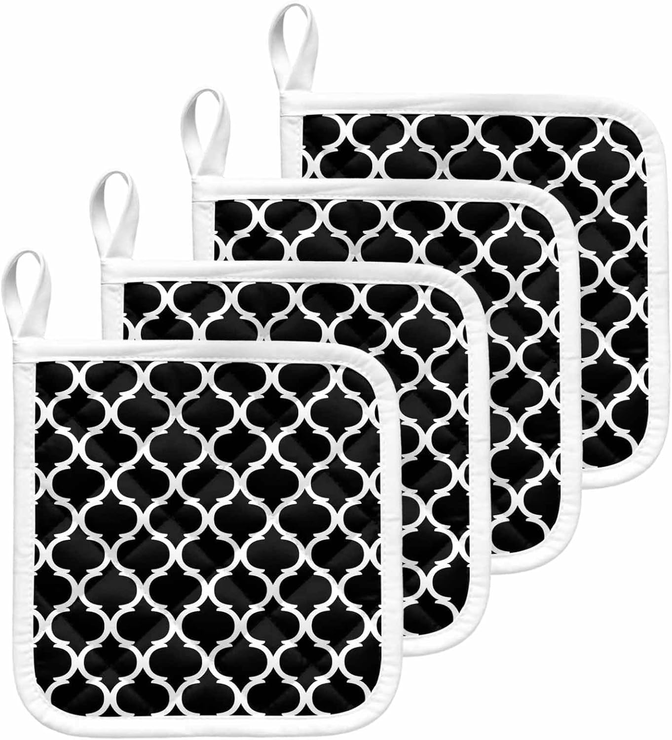 Pot Holder Set of 4 Abstract White Morocco Pattern Potholder Heat Proof Non Slip Pot Holders, Black Background Hot Pads Potholders for Kitchen Cooking Baking BBQ
