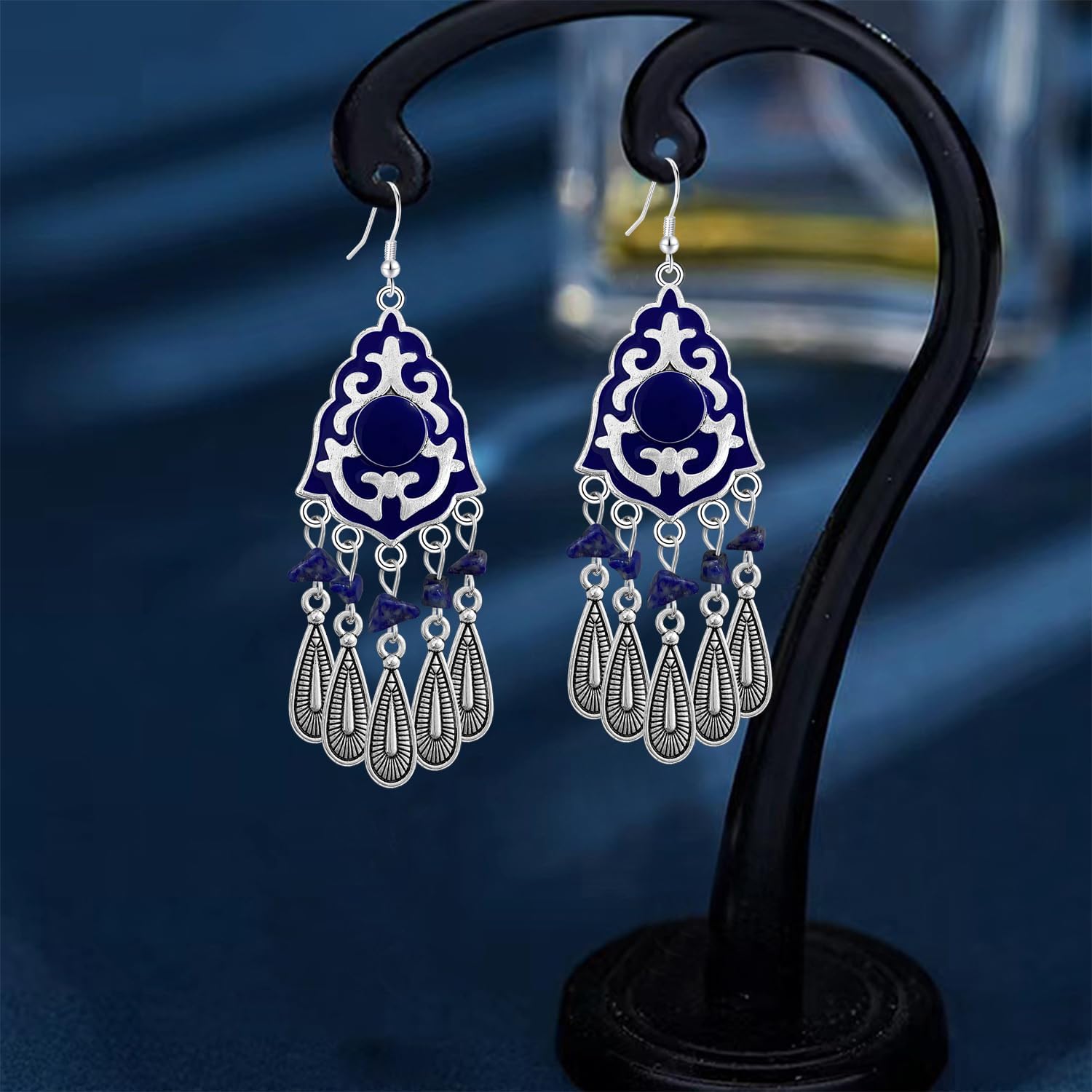 Bohemian Dainty Crystal Teardrop Vintage Sliver Fringe Lightweight Dangle Drop Earrings Ethnic Enamel Flower Tassel Hook Earrings For Women Jewelry Gifts - Image 6
