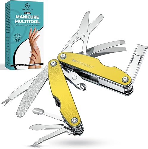 Miniatura 1 de Juego compacto de manicura y pedicura - Kit de uñas plegable 9 en 1 - Ideal para viajes, senderismo y multiherramienta EDC (amarillo iluminador)