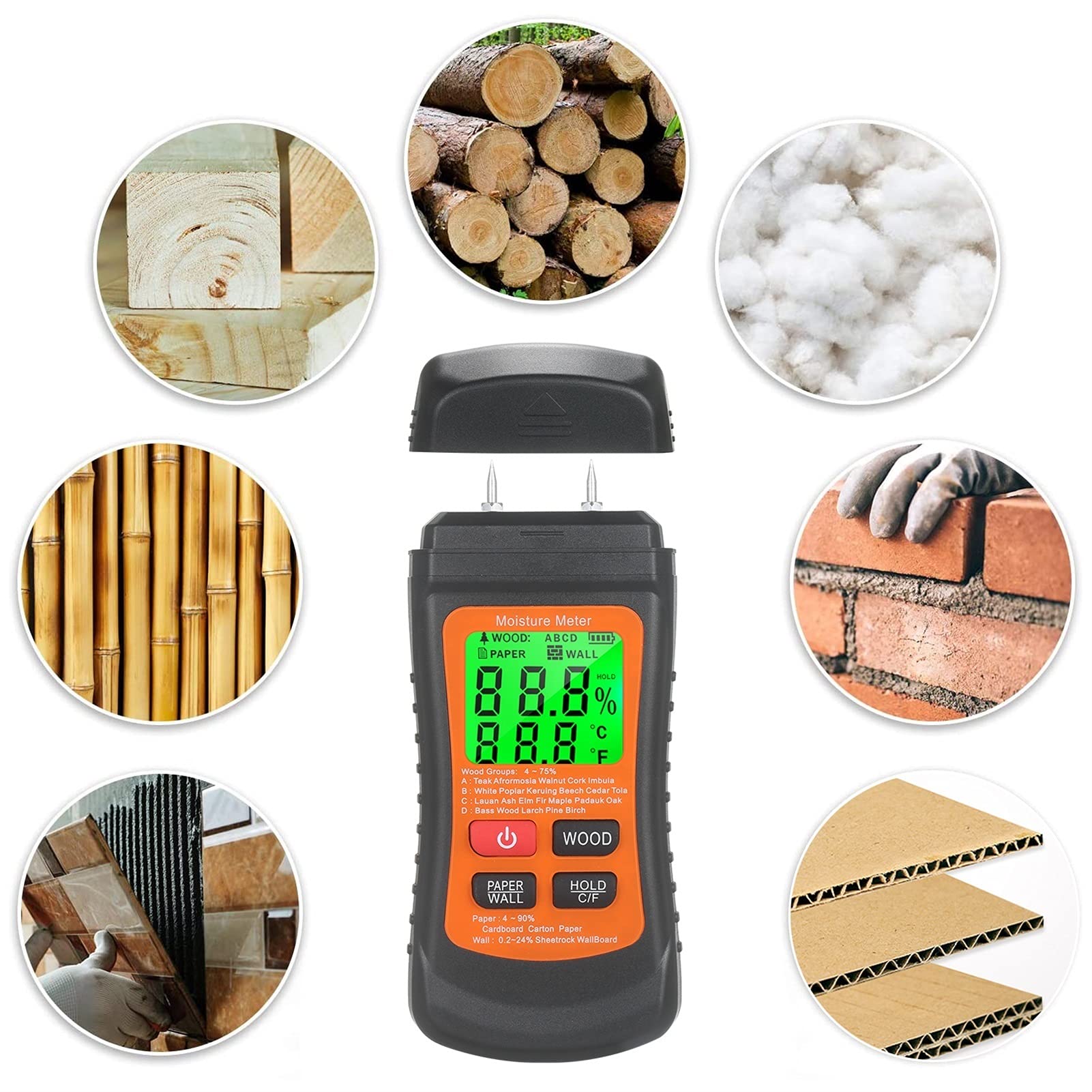 Damp Moisture Tester Detector di umidità con Parete in Legno 3 modalità misuratore Temperatura for Muro di Legno