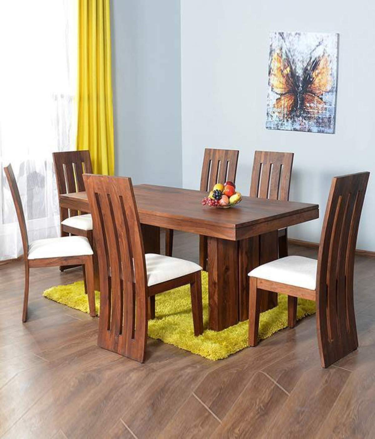 Woodstage Sheesham Wood 6 Seater Dining Table with 6 Chairs Wooden Dining Set Funiture with Cushion (Honey_Finish)
