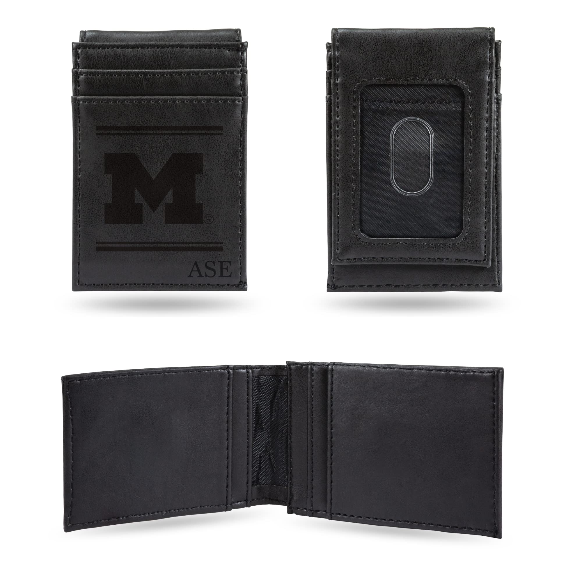 Rico Industries NCAA Michigan Wolverines Black Personalized/Custom Laser Engraved Front Pocket Wallet - Slim/Light Weight - Great Gift Item