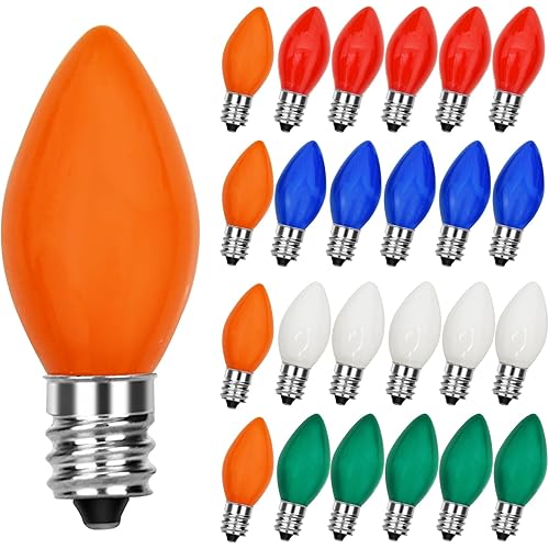 25 Pack C7 Christmas Replacement Bulbs, Multicolor Christmas Bulbs Vintage Ceramic Lights for Indoor Outdoor Patio Christmas Party String Lights, 5W Incandescent Night Lights, C7/E12 Candelabra Base