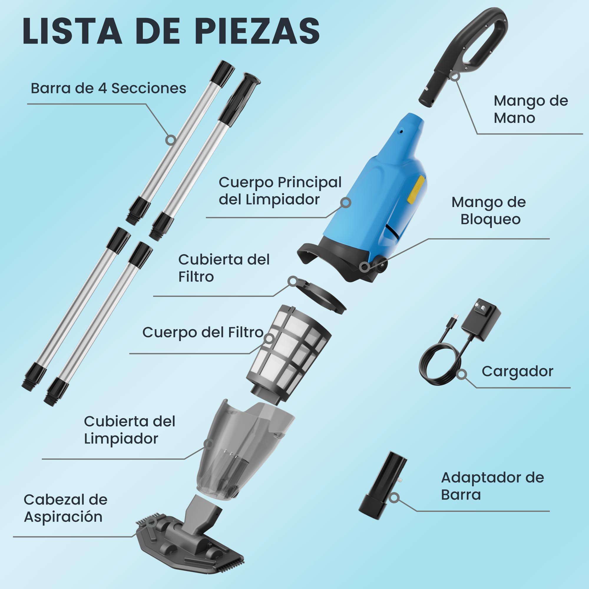 Aspirador de Piscina inalámbrico, limpiafondos de Piscina Manual hasta 90 Minutos, pértiga telescópica de 160 cm, Limpiador de Piscina, succión de hasta 4088 L/h, Ideal para spas y Hot tubs