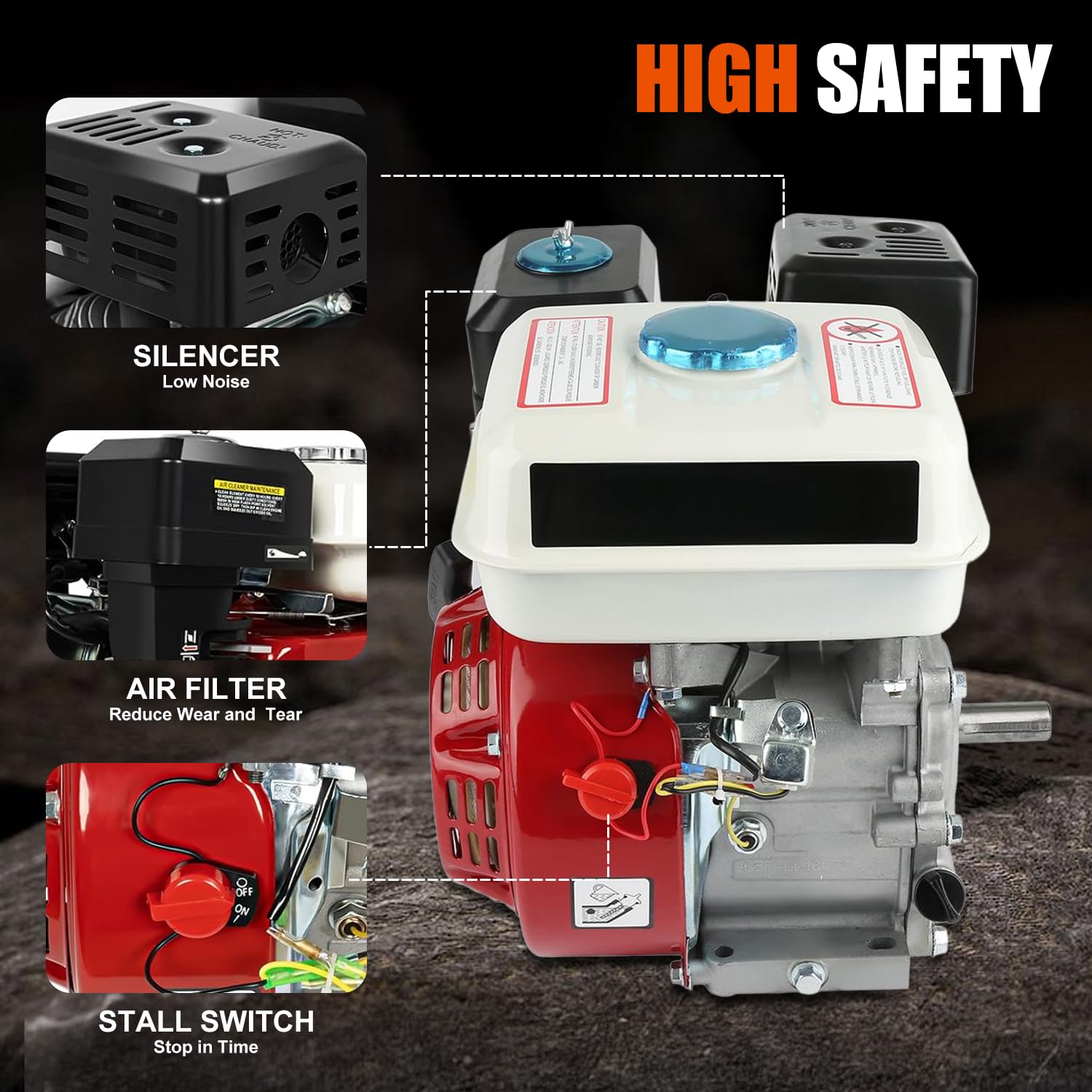 VOBOR Motore a benzina universale a 4 tempi, 168 F, motore a benzina 6,5 hp / 4,8 kw, rapida dissipazione del calore, Pull Start Ohv, motore a benzina con motore a 4 tempi 168 f (albero motore con